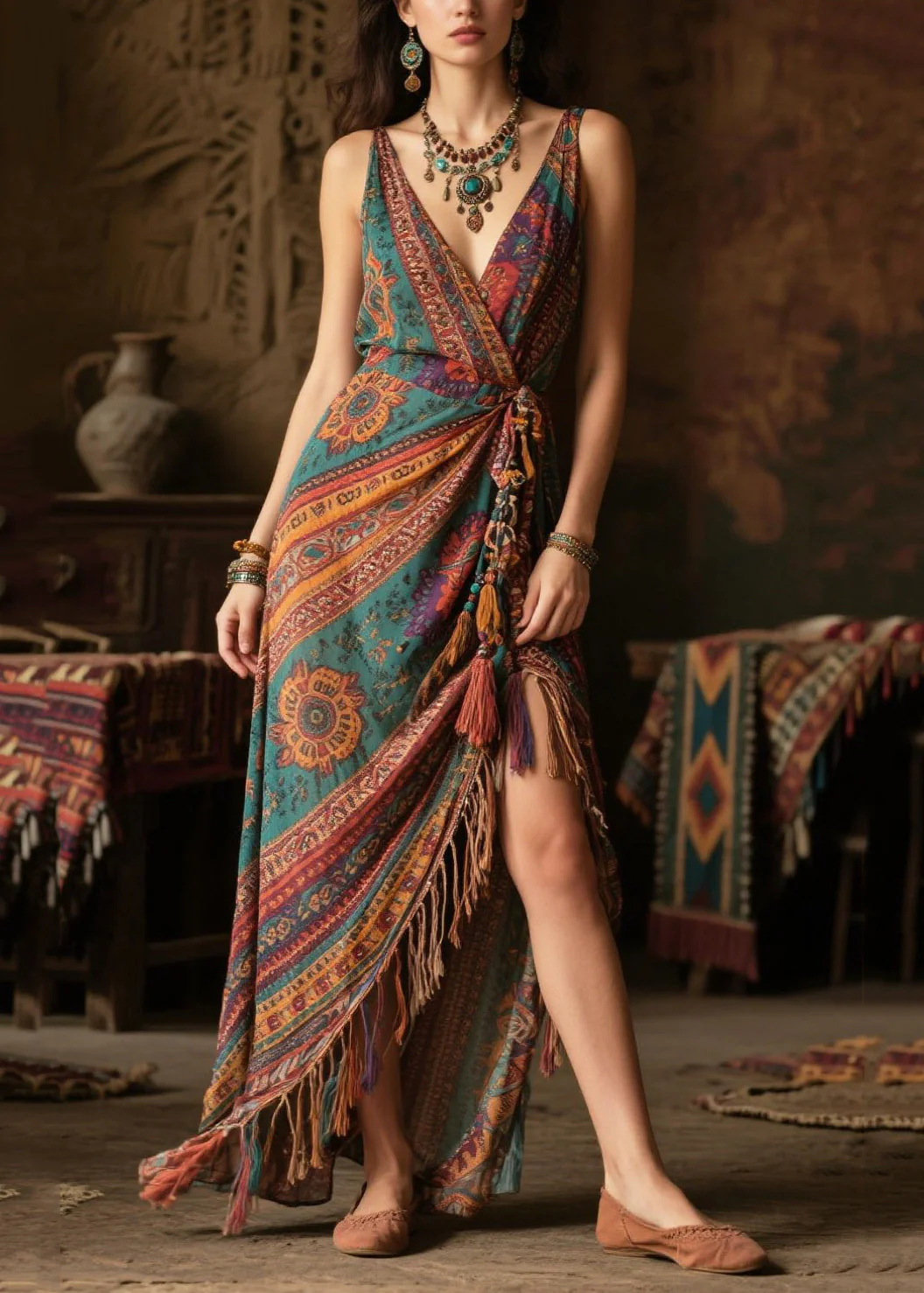 Women Green Tasseled Side Open Chiffon Vacation Dress Summer - Image 5