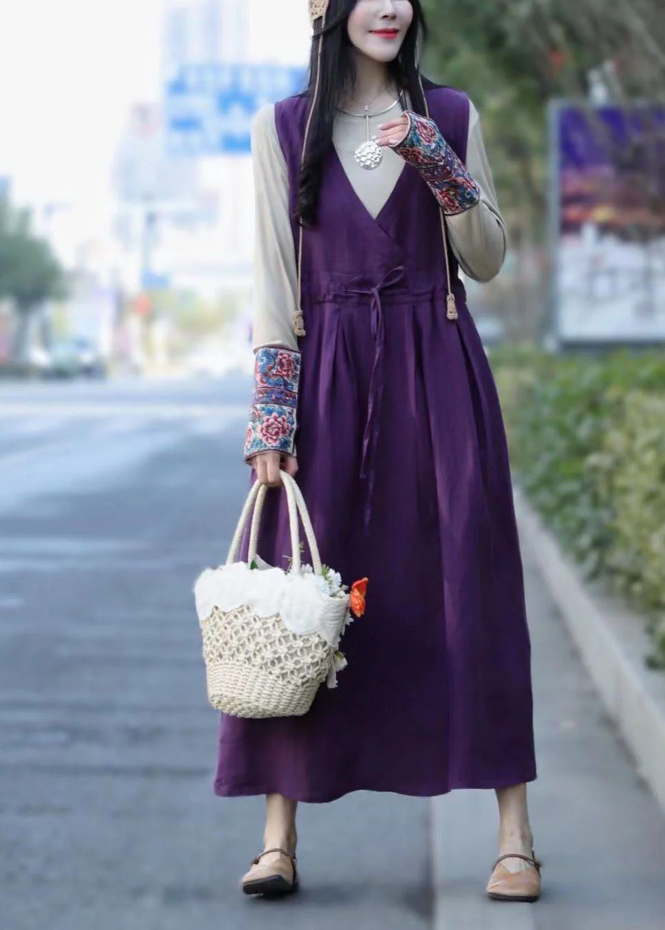 Women Green tie waist V Neck Linen Vacation Dresses Spring - Image 3