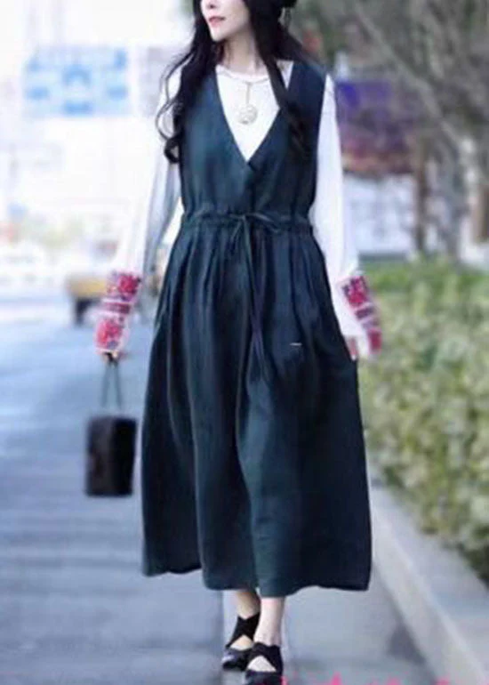 Women Green tie waist V Neck Linen Vacation Dresses Spring - Image 4