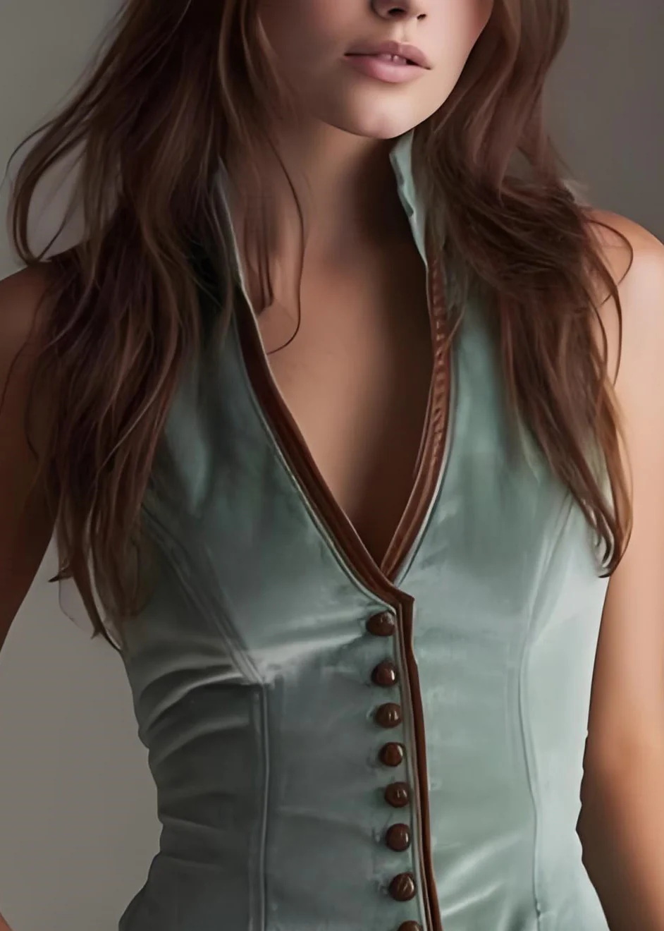 Women Green V Neck Button Patchwork Velour Vest Sleeveless - Image 3