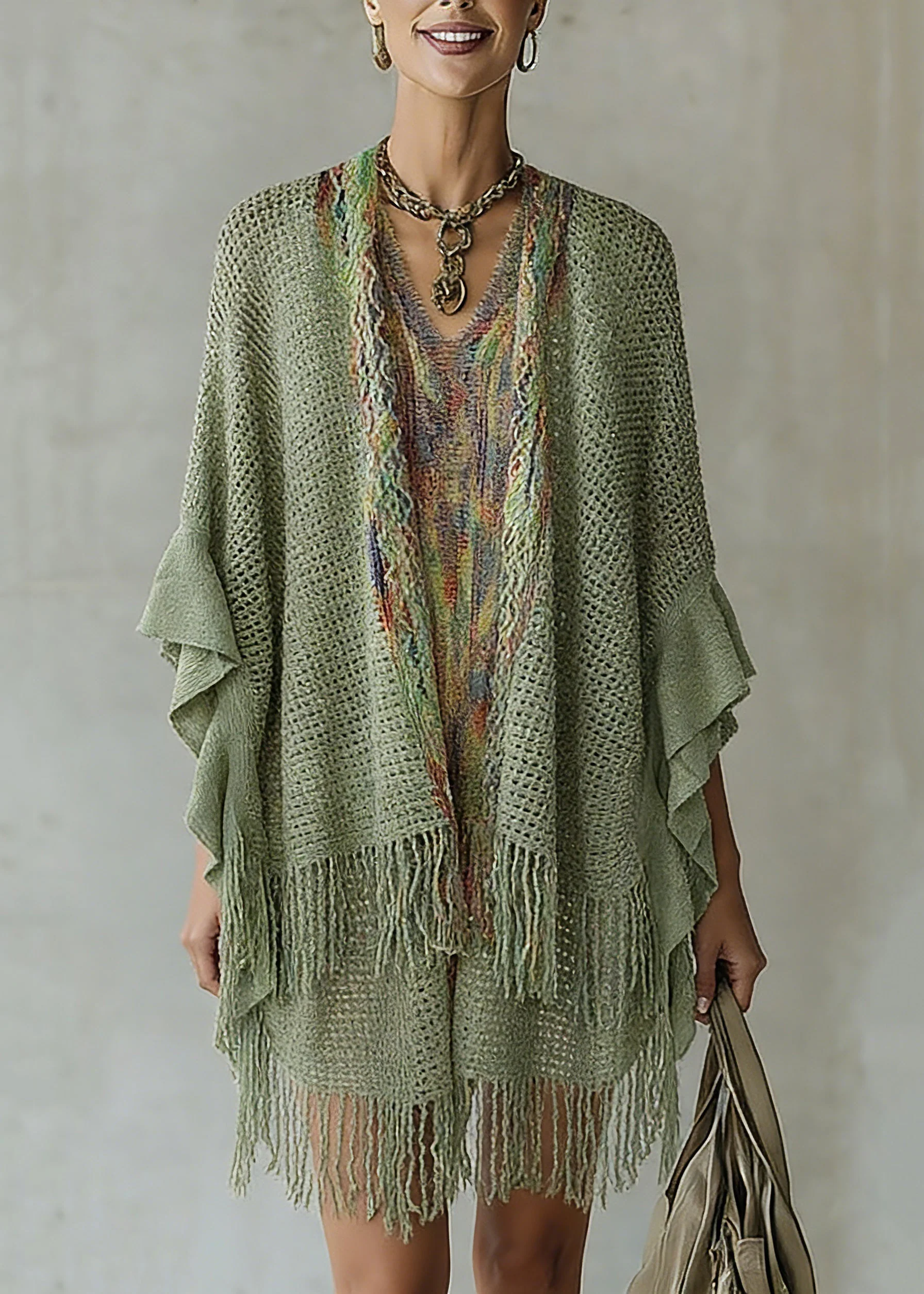 Women Green V Neck Knit Cardigan Batwing Sleeve - Image 3