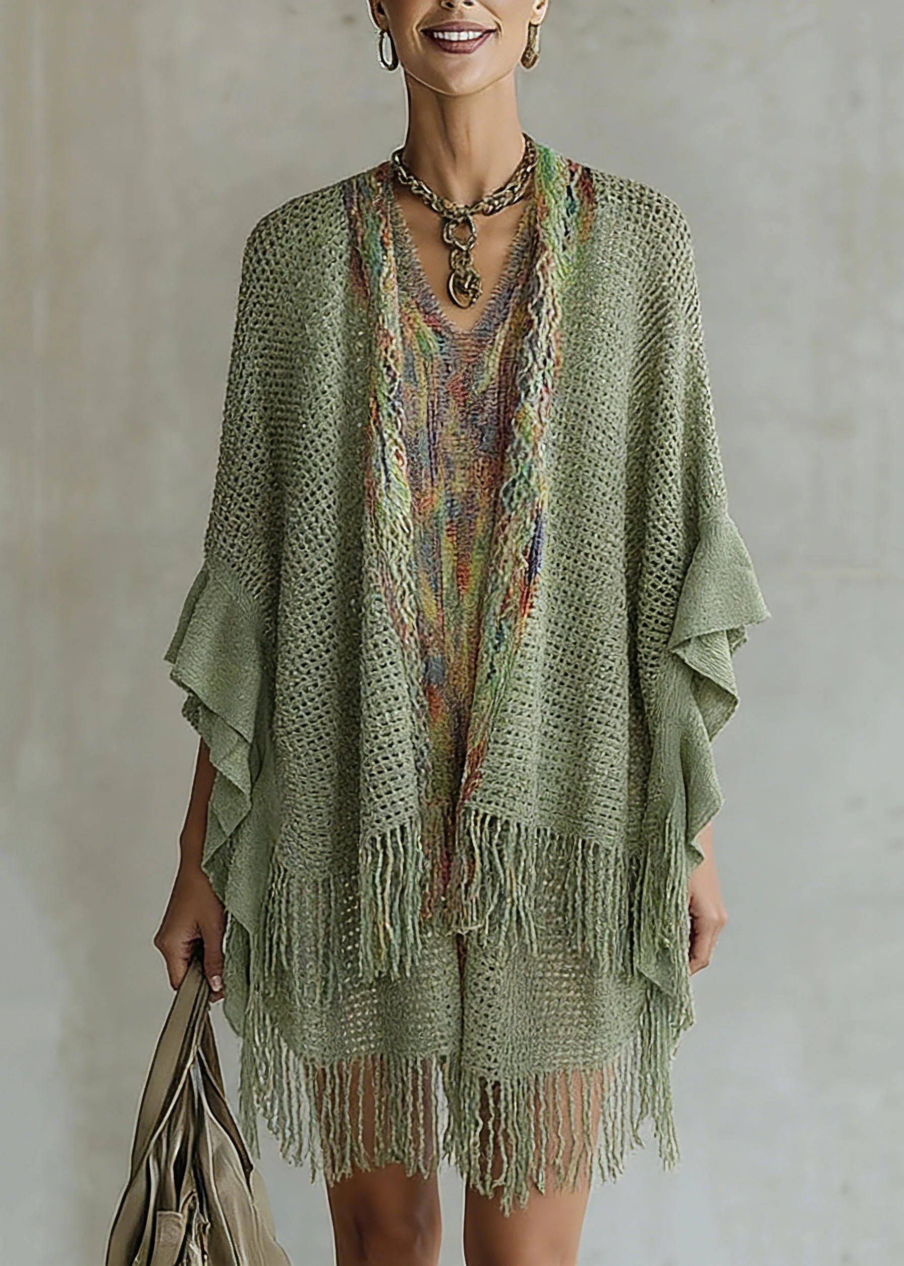 Women Green V Neck Knit Cardigan Batwing Sleeve - Image 5