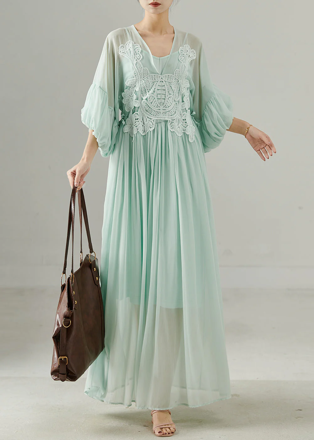 Women Green V Neck Patchwork Chiffon Long Dress Summer - Image 2