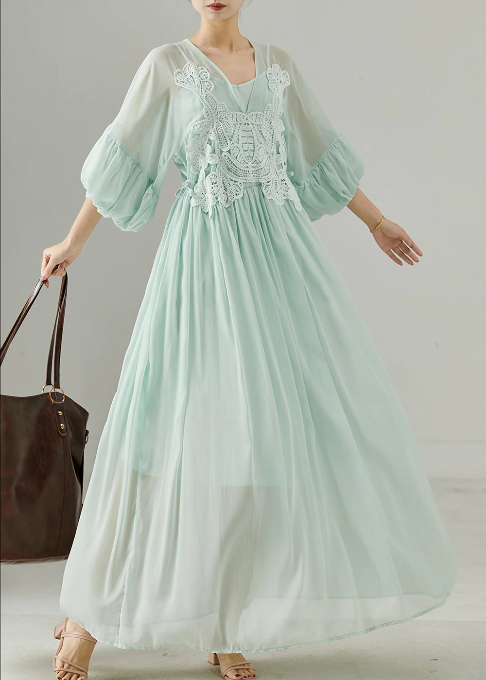 Women Green V Neck Patchwork Chiffon Long Dress Summer - Image 3