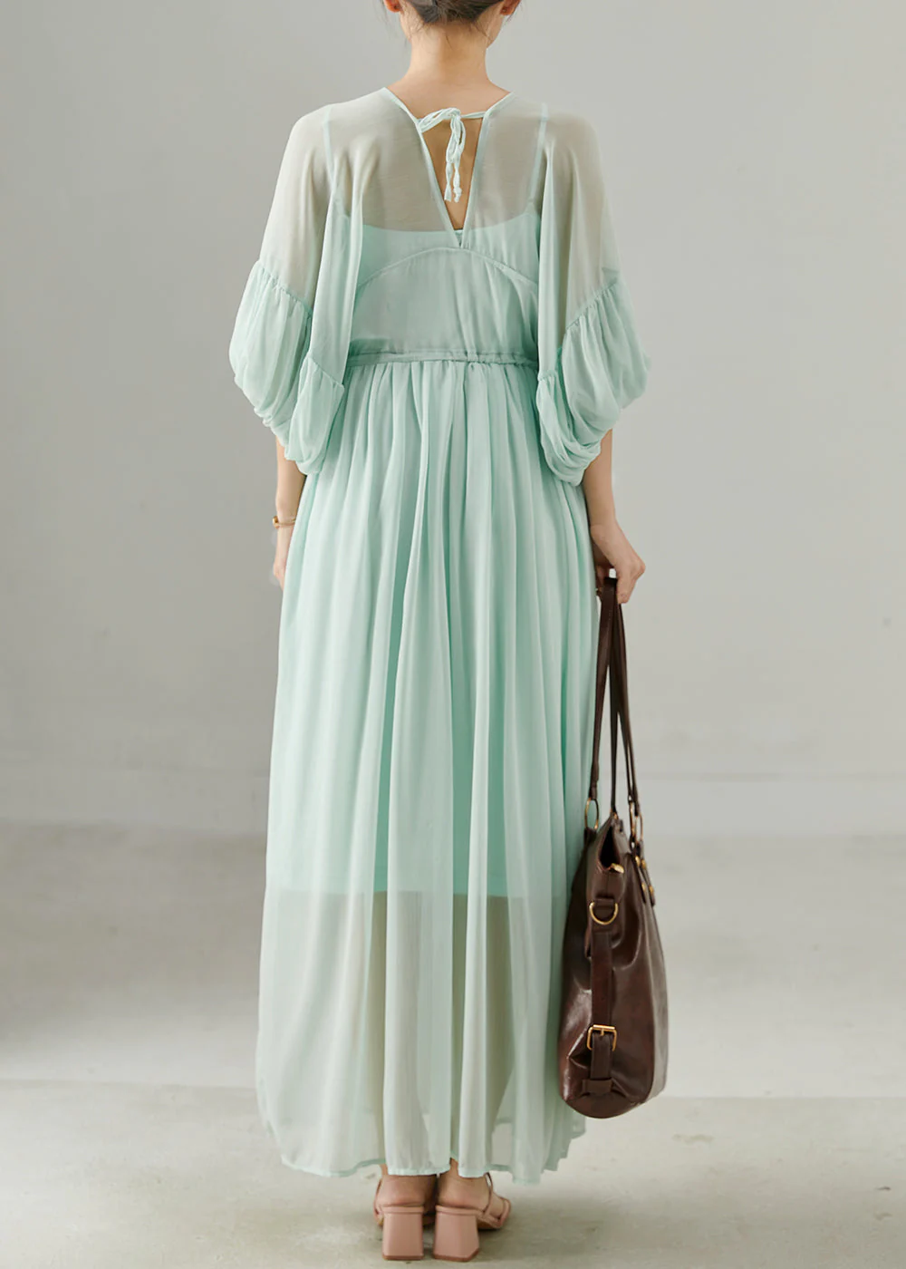 Women Green V Neck Patchwork Chiffon Long Dress Summer - Image 4