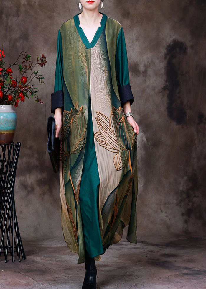 Women Green V Neck Patchwork Layered Silk Vacation Dresses Bracelet Sleeve - Image 3