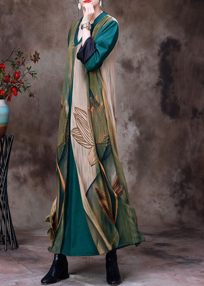 Women Green V Neck Patchwork Layered Silk Vacation Dresses Bracelet Sleeve - Image 4