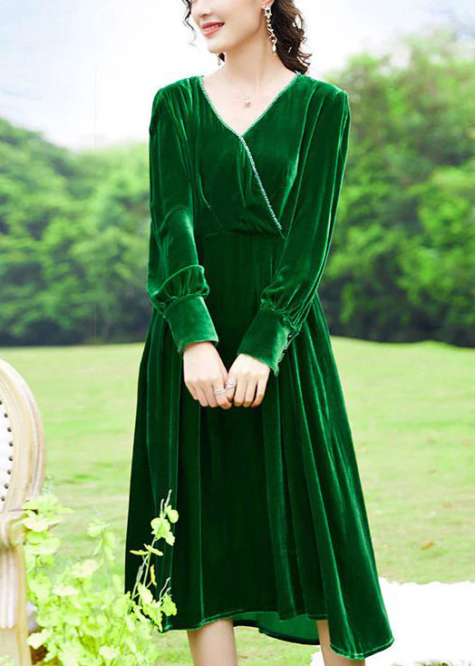 Women Green V Neck Patchwork Silk Velour Holiday Dress Spring - Image 2