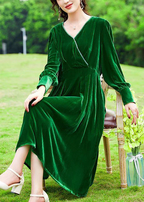 Women Green V Neck Patchwork Silk Velour Holiday Dress Spring - Image 3