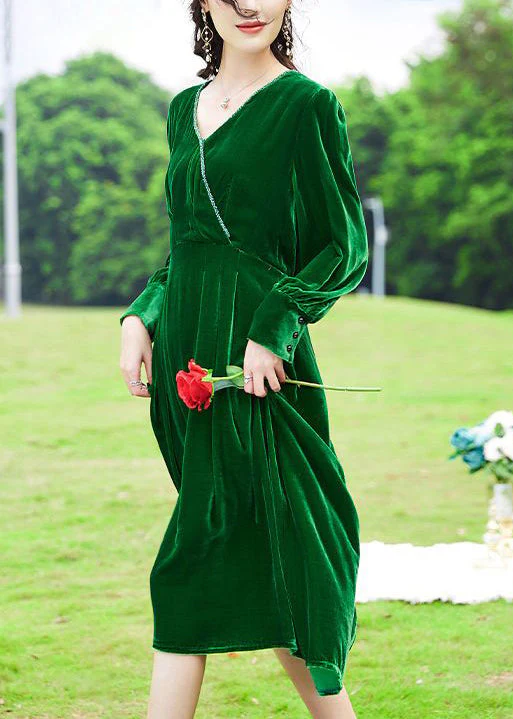 Women Green V Neck Patchwork Silk Velour Holiday Dress Spring - Image 4