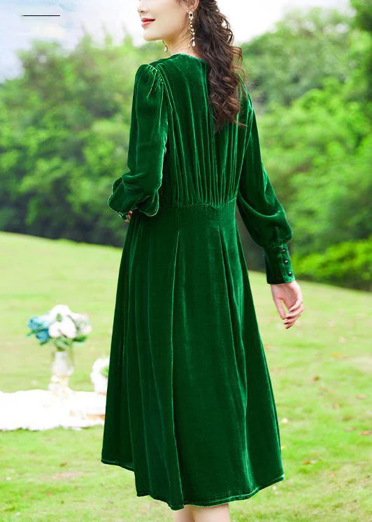 Women Green V Neck Patchwork Silk Velour Holiday Dress Spring - Image 5
