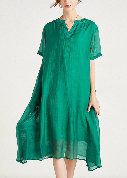 Women Green V Neck Plus Size Cotton Dresses Summer - Image 5
