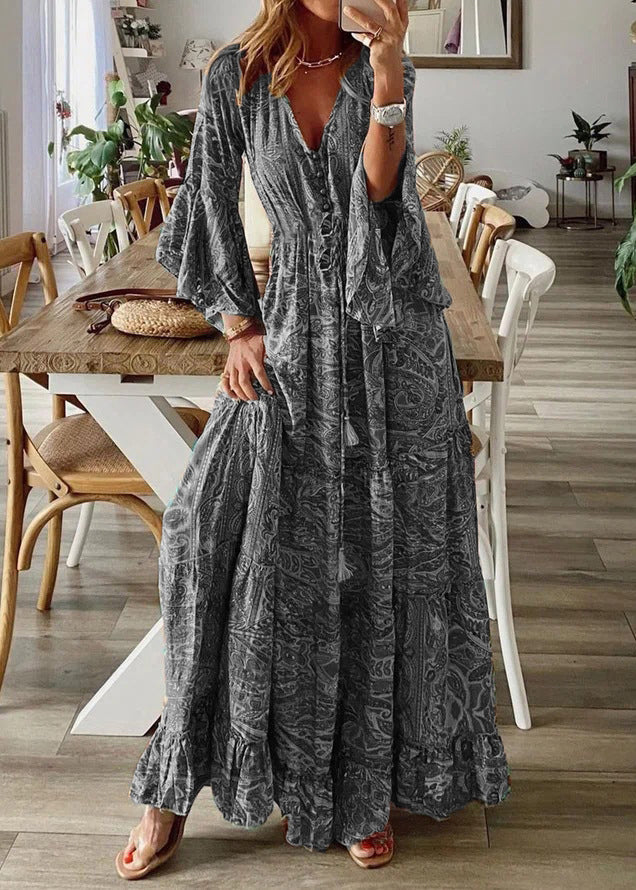 Women Green V Neck Print Cotton Maxi Dresses Flare Sleeve - Image 2