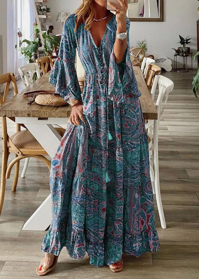 Women Green V Neck Print Cotton Maxi Dresses Flare Sleeve - Image 3