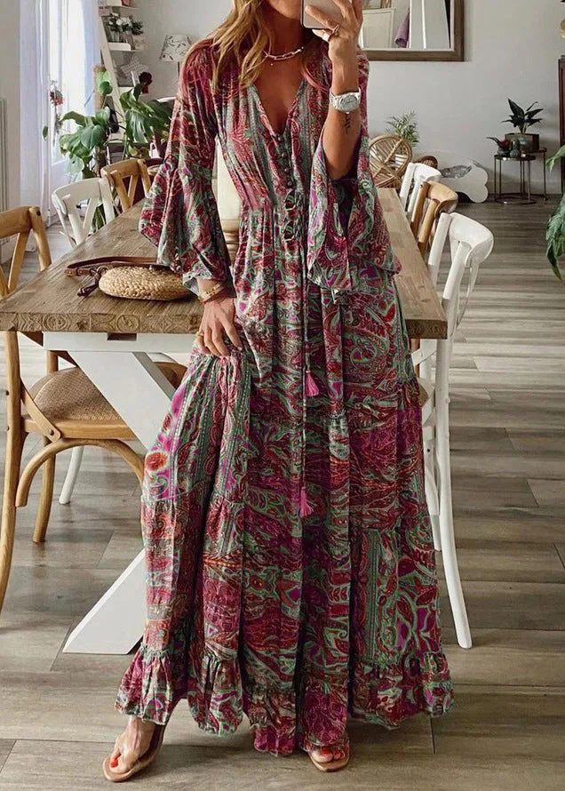 Women Green V Neck Print Cotton Maxi Dresses Flare Sleeve - Image 4