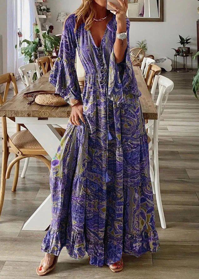 Women Green V Neck Print Cotton Maxi Dresses Flare Sleeve - Image 5