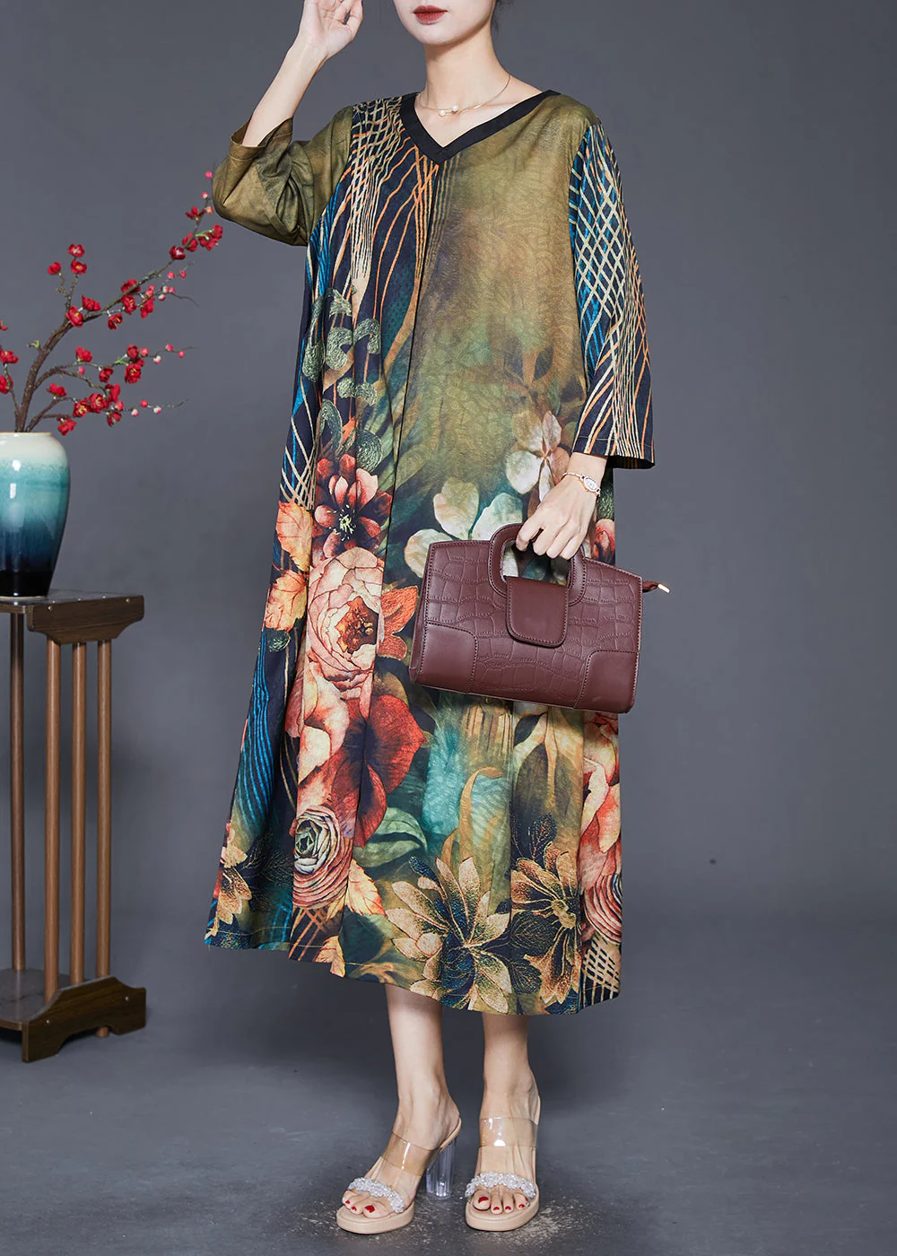 Women Green V Neck Print Silk A Line Dresses Bracelet Sleeve - Image 2