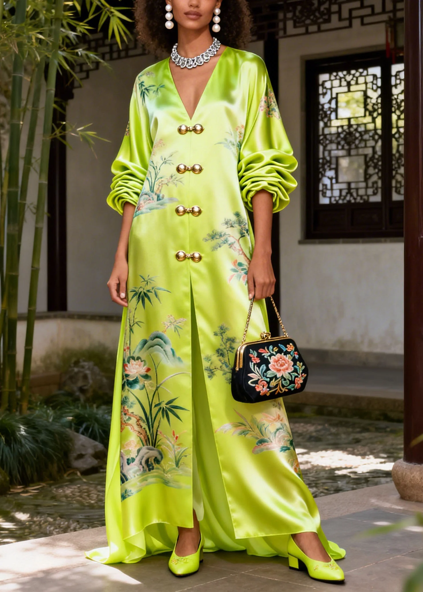 Women Green V Neck Print Silk Vacation Dresses Summer - Image 3