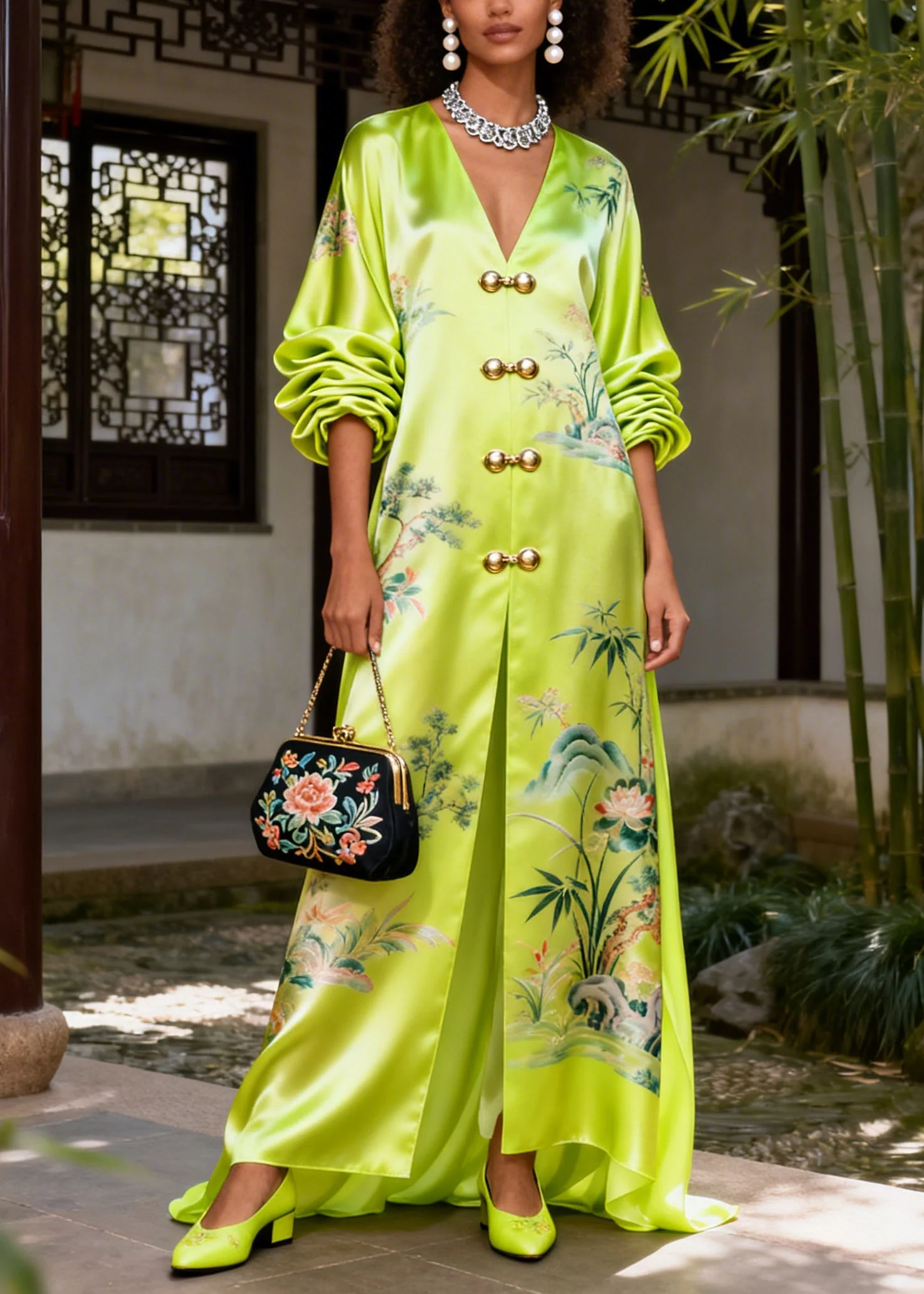 Women Green V Neck Print Silk Vacation Dresses Summer - Image 5