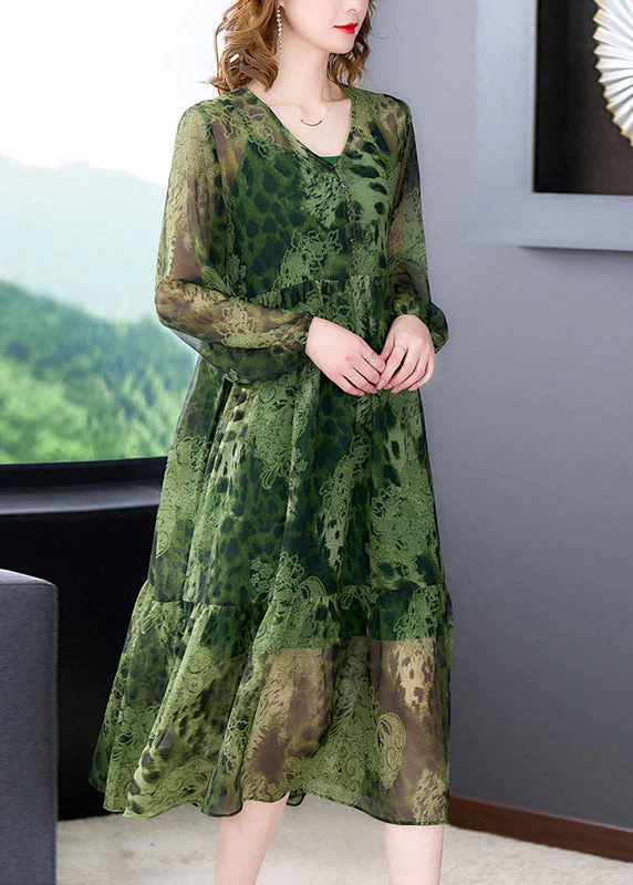 Women Green V Neck Ruffles Print Chiffon Long Dress Two Piece Set Long Sleeve - Image 2
