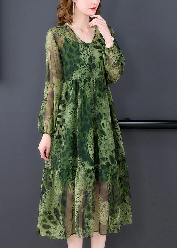 Women Green V Neck Ruffles Print Chiffon Long Dress Two Piece Set Long Sleeve - Image 4