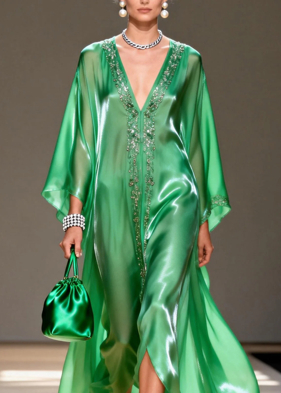 Women Green V Neck Zircon Chiffon Long Dresses Summer - Image 2