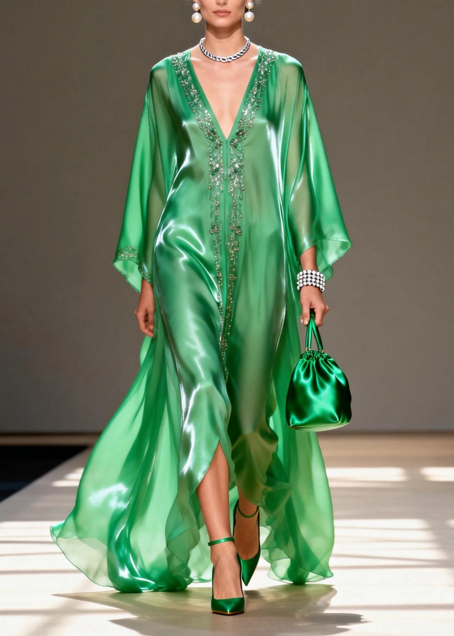 Women Green V Neck Zircon Chiffon Long Dresses Summer - Image 3