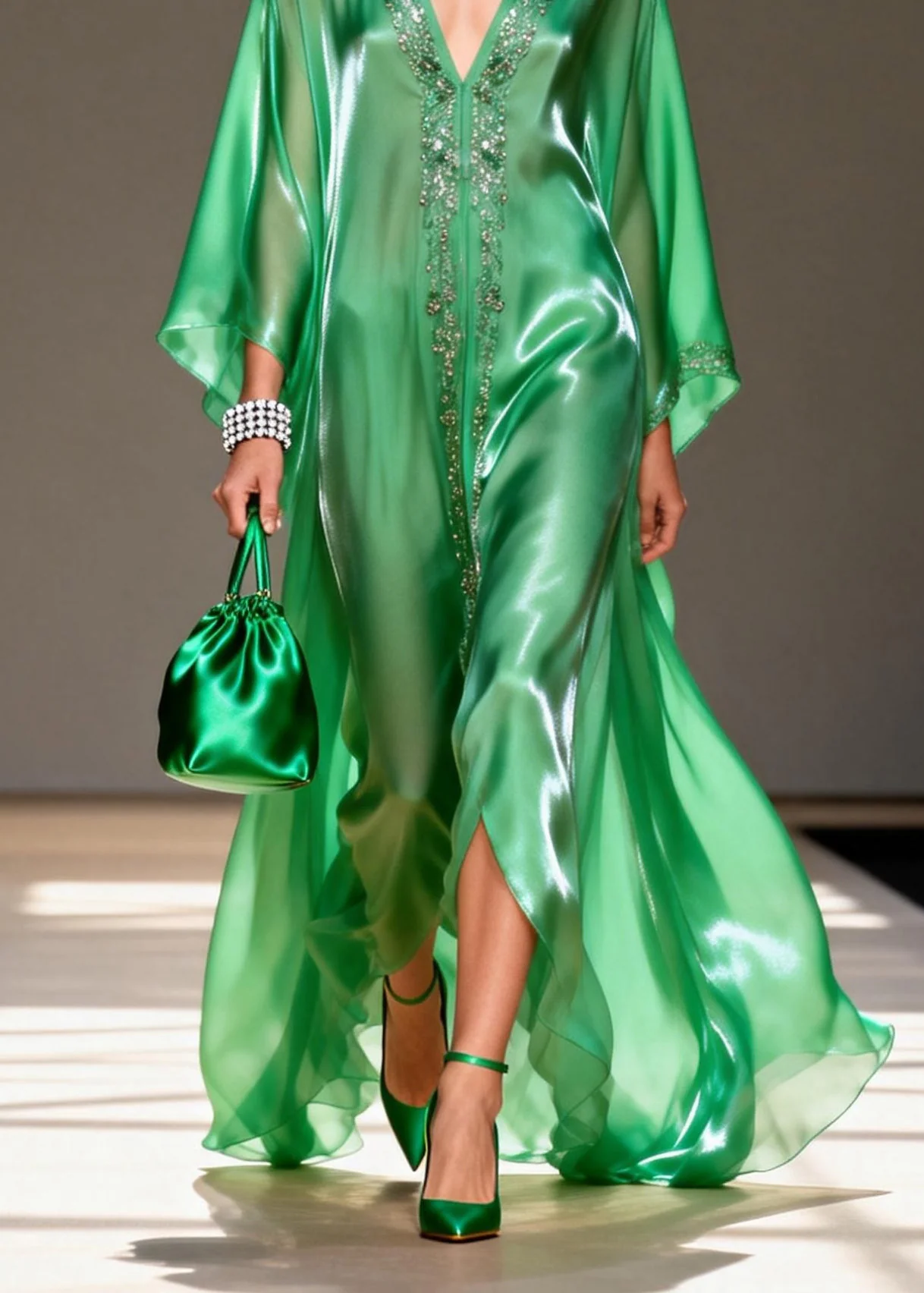 Women Green V Neck Zircon Chiffon Long Dresses Summer - Image 4
