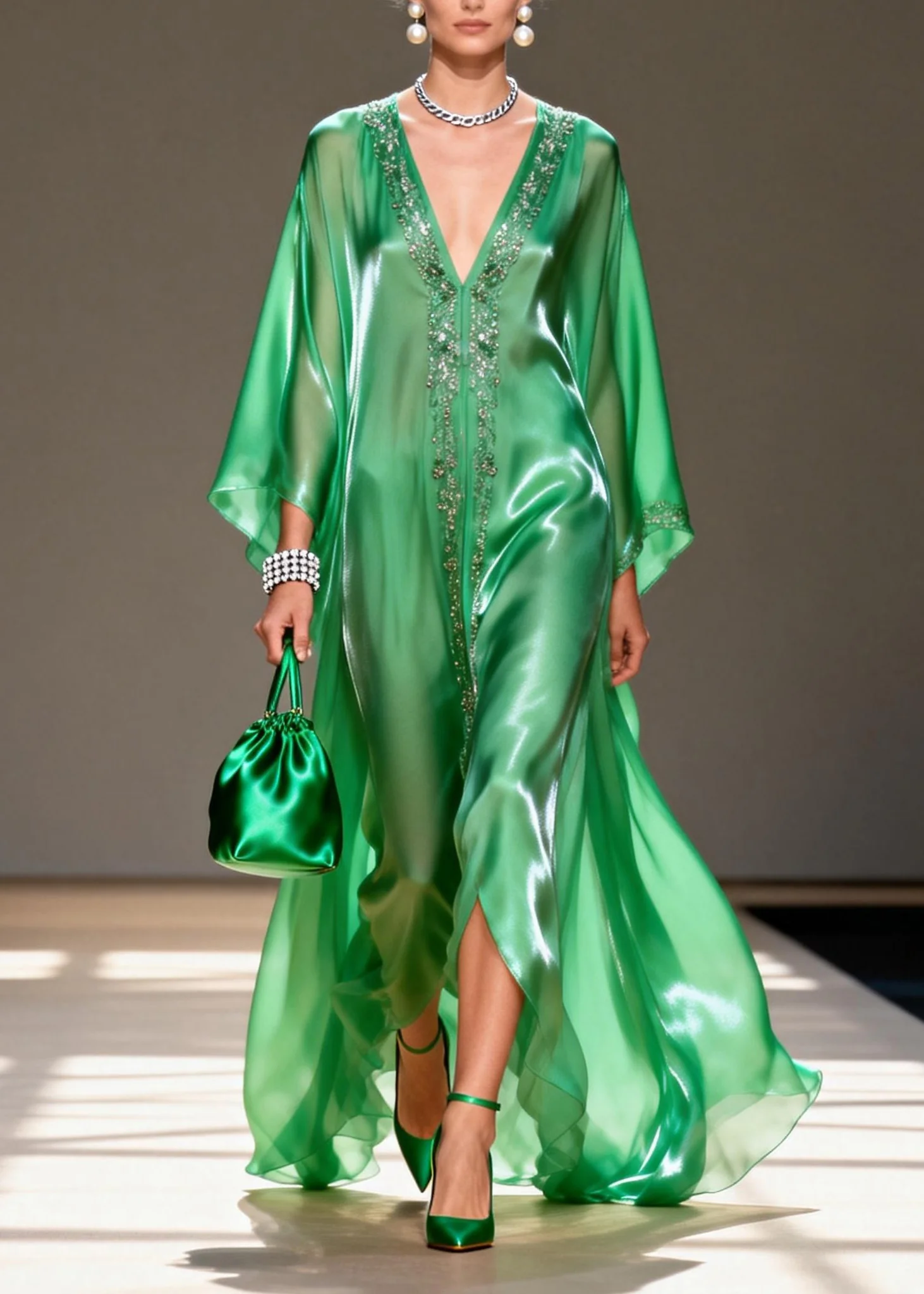 Women Green V Neck Zircon Chiffon Long Dresses Summer - Image 5