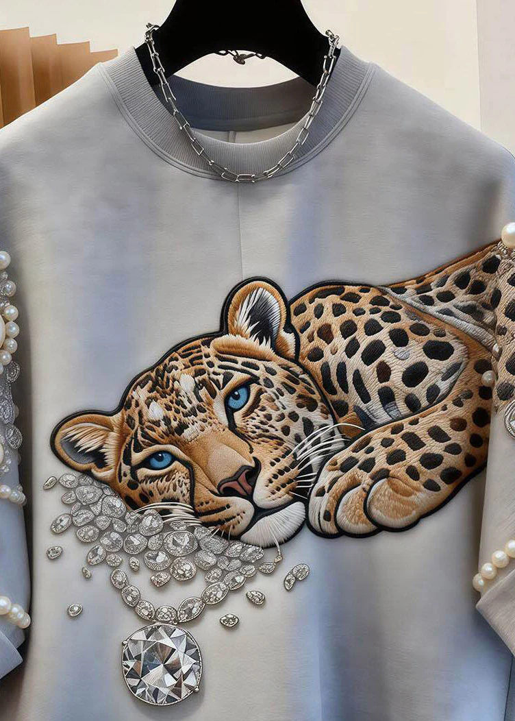 Women Grey Animal Print Nail Bead Tops Short Sleeve - Image 2