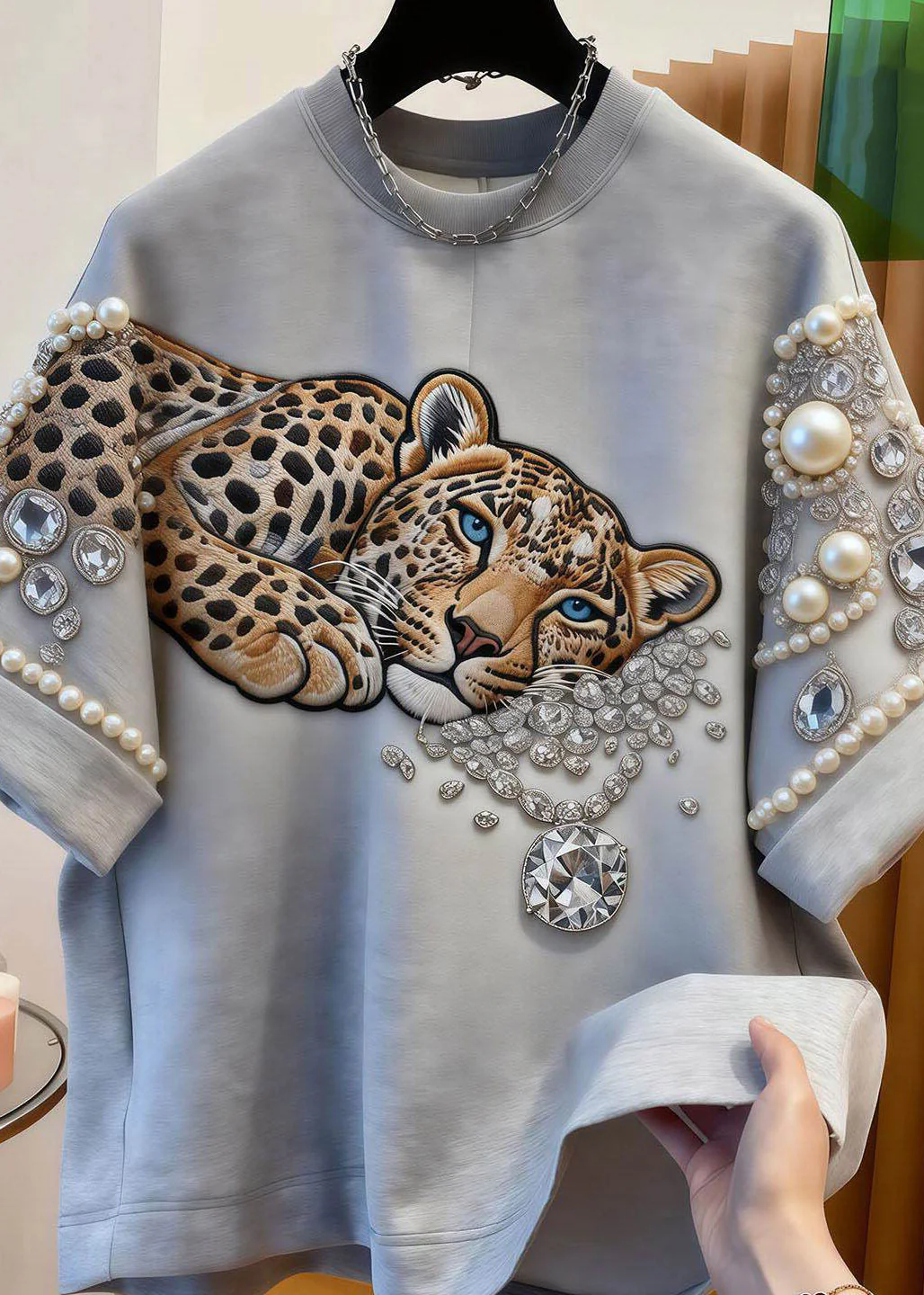 Women Grey Animal Print Nail Bead Tops Short Sleeve - Image 3