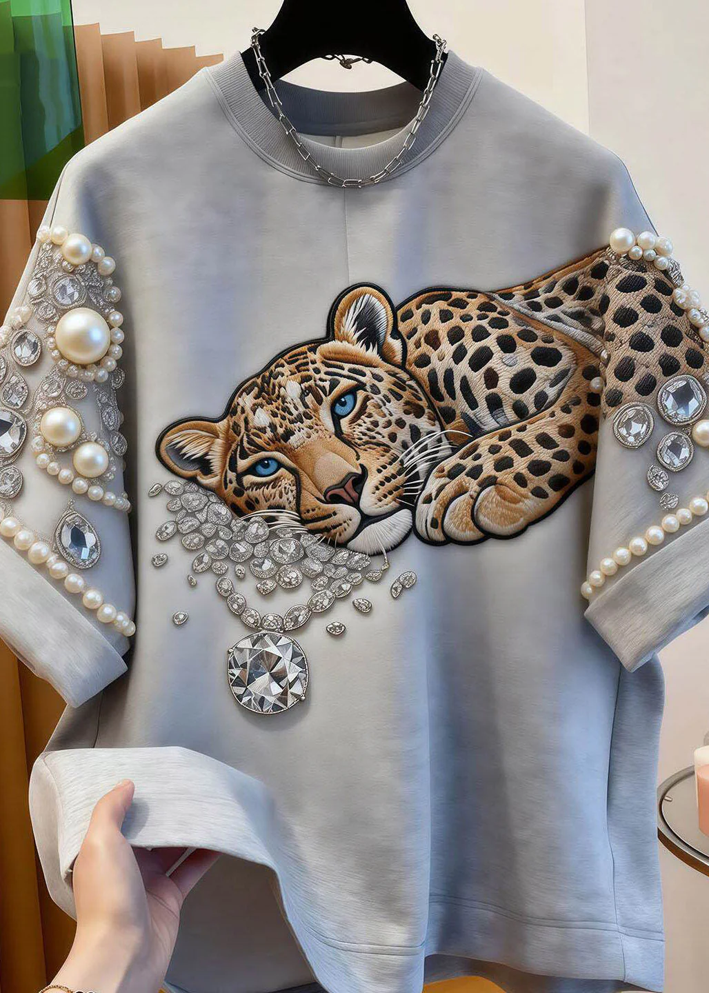 Women Grey Animal Print Nail Bead Tops Short Sleeve - Image 5