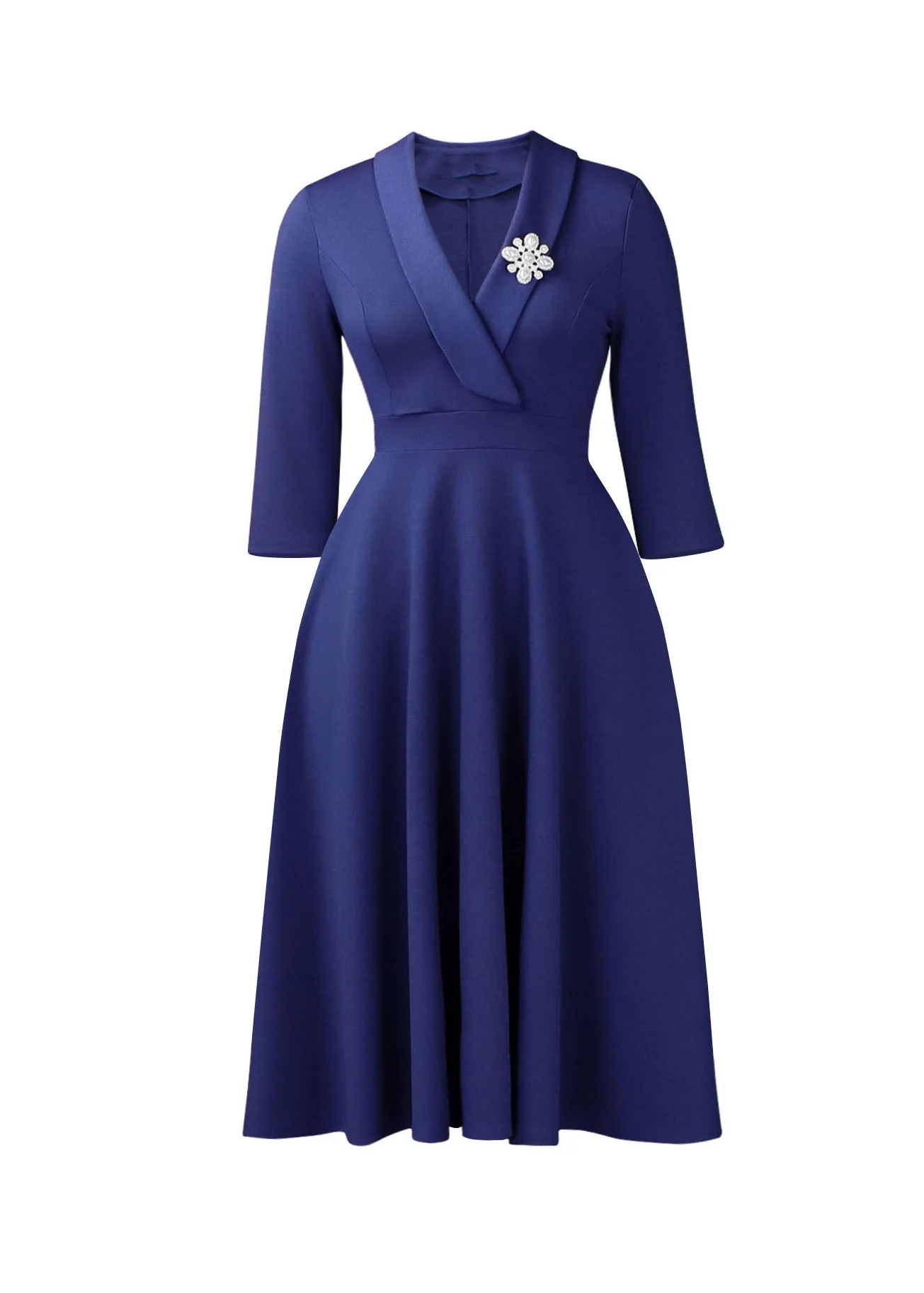 Women Grey Blue Peter Pan Collar Patchwork Polyester Dress Summer - Image 5