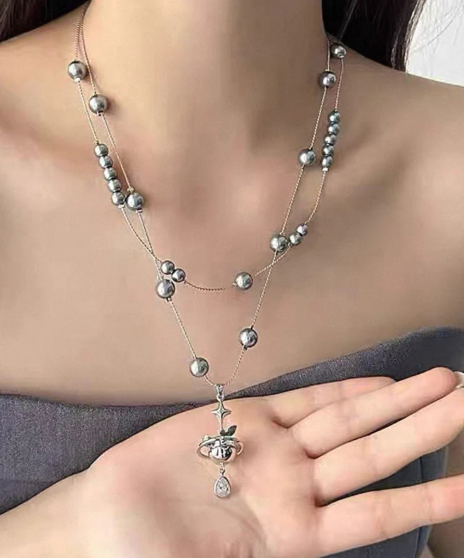 Women Grey Copper Alloy Double-Layer Pearl Spaceship Pendant Necklace - Image 2