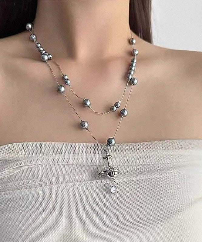 Women Grey Copper Alloy Double-Layer Pearl Spaceship Pendant Necklace - Image 3
