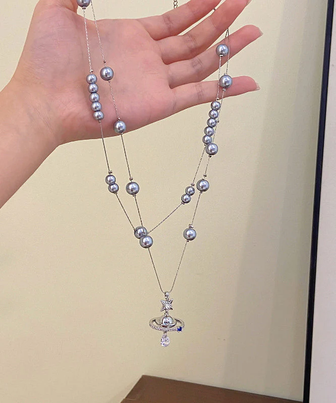 Women Grey Copper Alloy Double-Layer Pearl Spaceship Pendant Necklace - Image 4