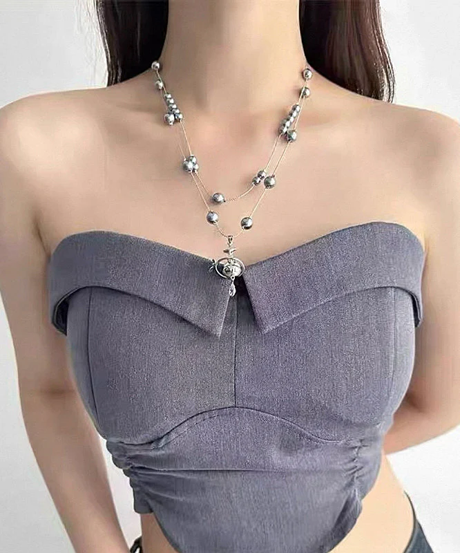 Women Grey Copper Alloy Double-Layer Pearl Spaceship Pendant Necklace - Image 5