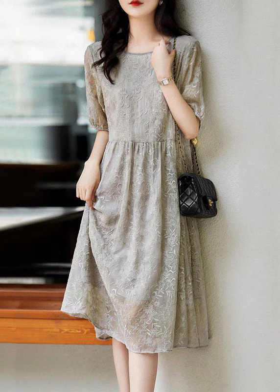 Women Grey Embroideried Wrinkled Patchwork Lace Dresses Summer - Image 2
