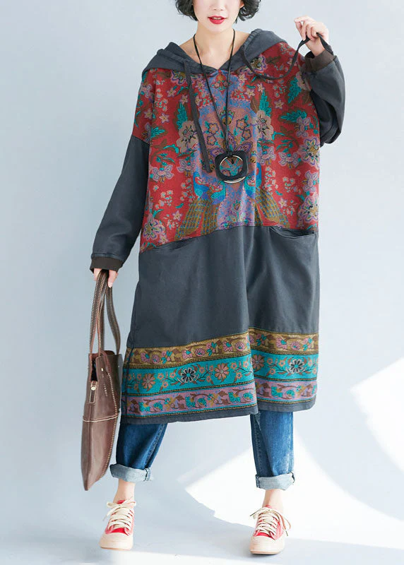 Women Grey Hooded Print Sweatshirts dresses Spring