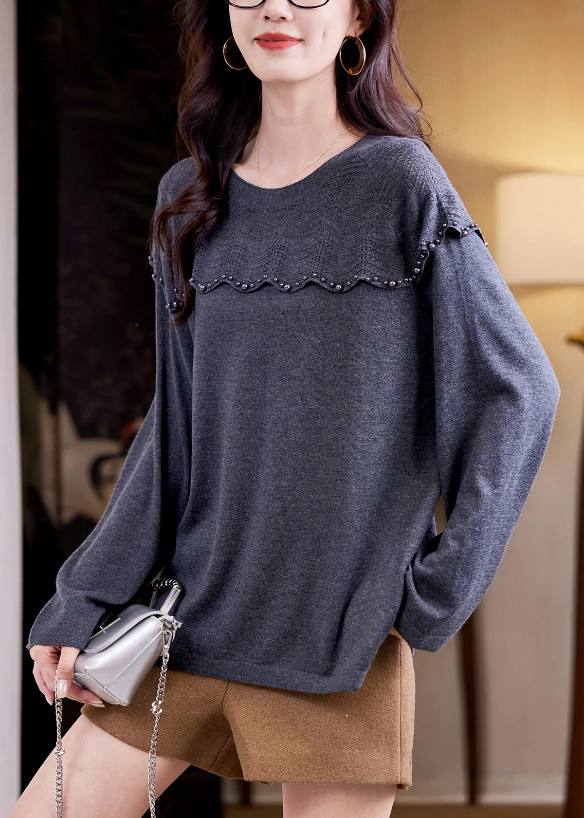 Women Grey Nail Bead Patchwork Knit Sweater Top Fall - Image 4