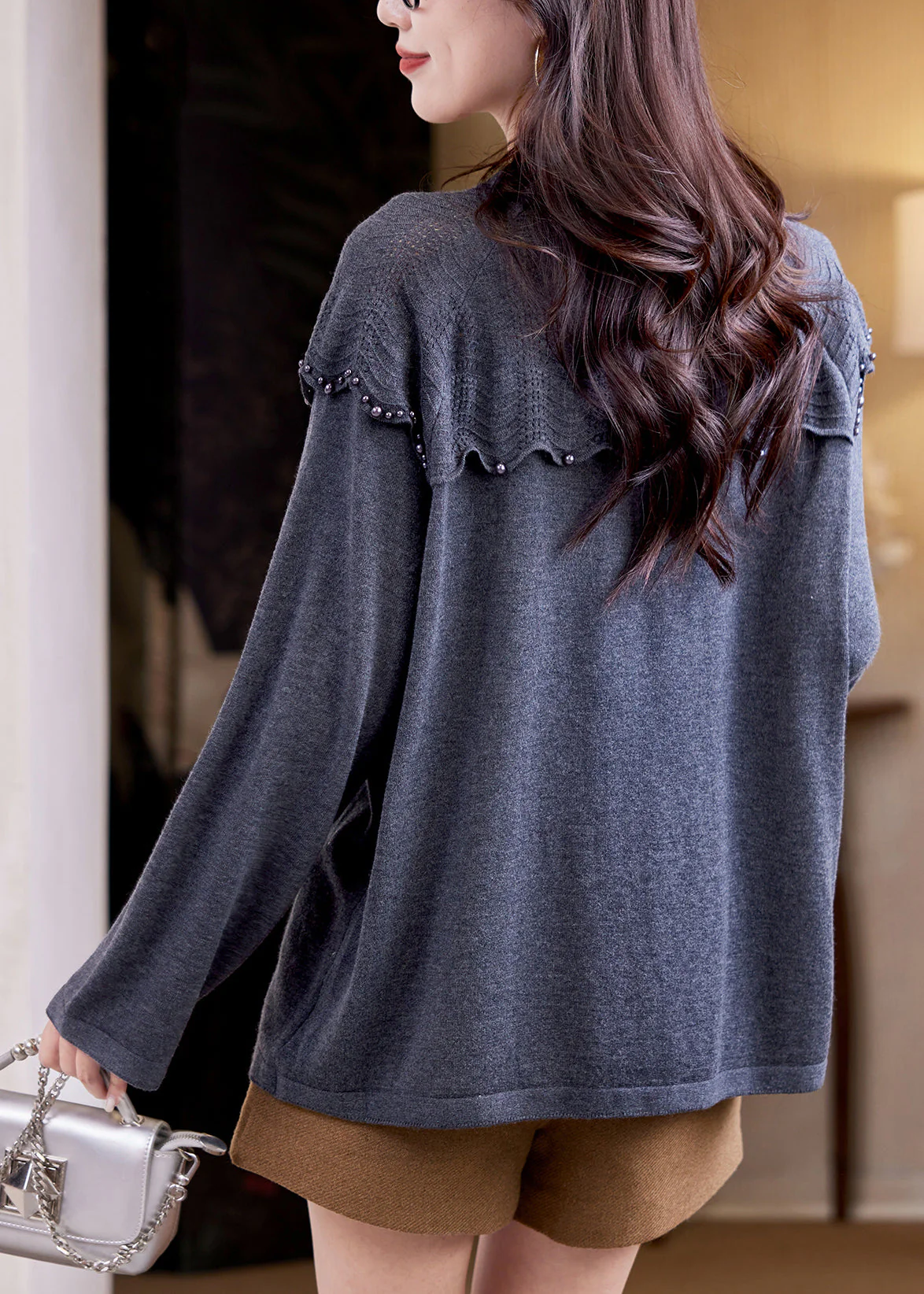 Women Grey Nail Bead Patchwork Knit Sweater Top Fall - Image 5