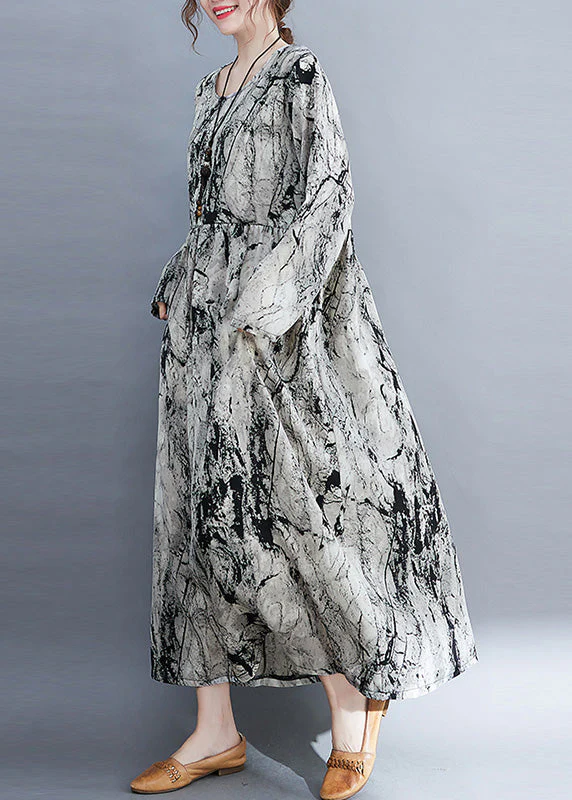 Women Grey O-Neck Patchwork Print Cozy Long Dress Fall - Image 3