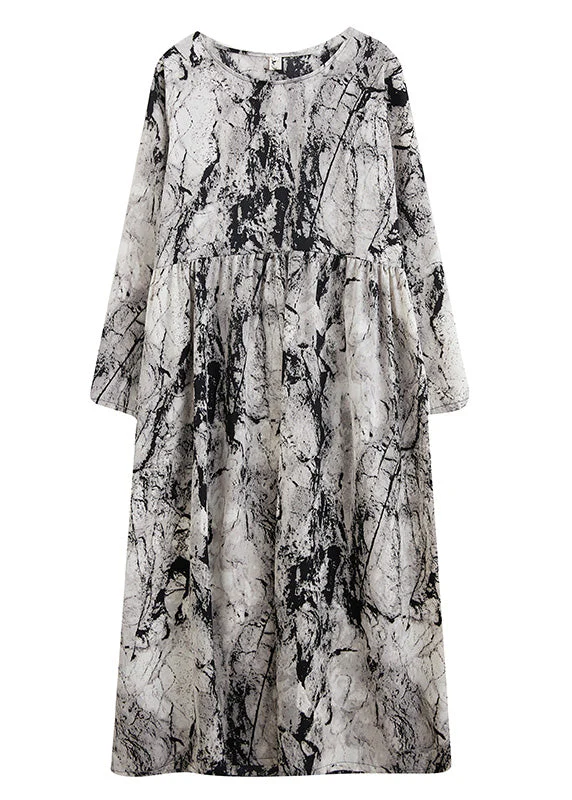 Women Grey O-Neck Patchwork Print Cozy Long Dress Fall - Image 5