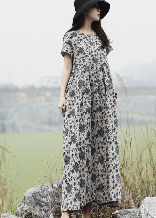 Women Grey O-Neck Print Long Dress Short Sleeve - Image 2