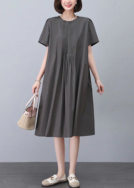 Women Grey O-Neck Solid Cotton Dresses Summer - Image 2