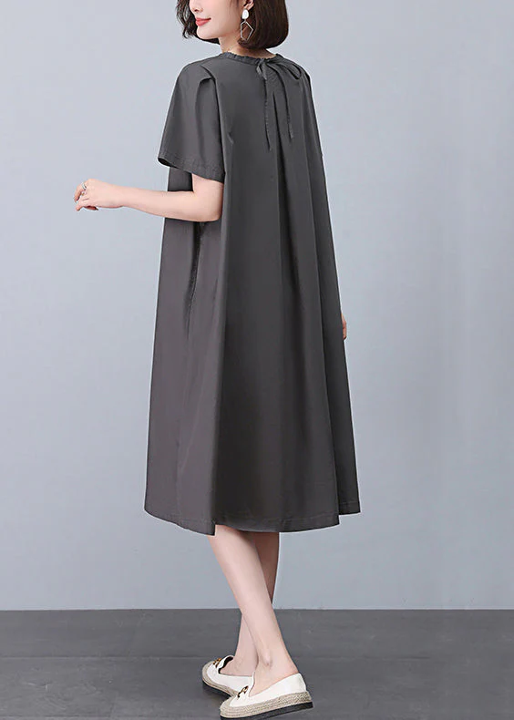 Women Grey O-Neck Solid Cotton Dresses Summer - Image 4