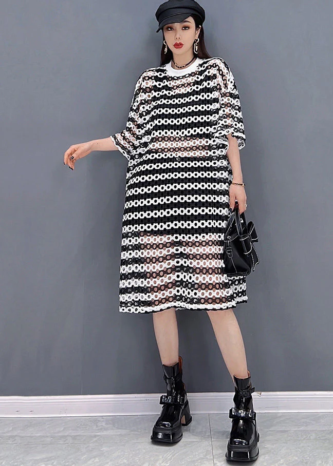 Women Grey O-Neck Striped Print Hollow Out Tulle Vogue Dress Half Sleeve - Image 2