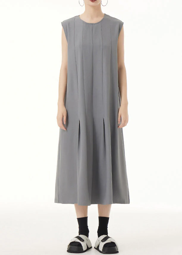 Women Grey O Neck Wrinkled Patchwork Spandex Long Dress Sleeveless - Image 2