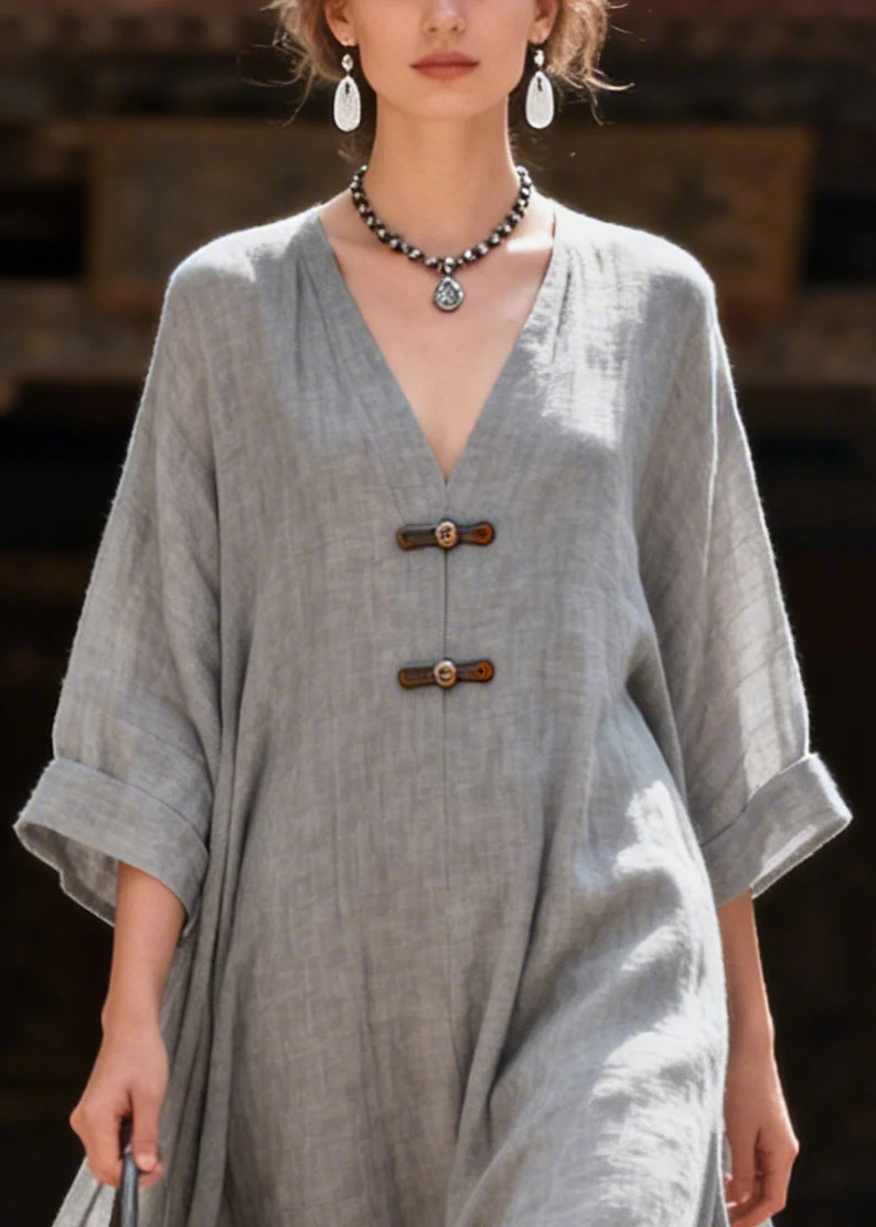 Women Grey Oversized Exra Large Hem Cotton Maxi Dresses Summer - Image 2