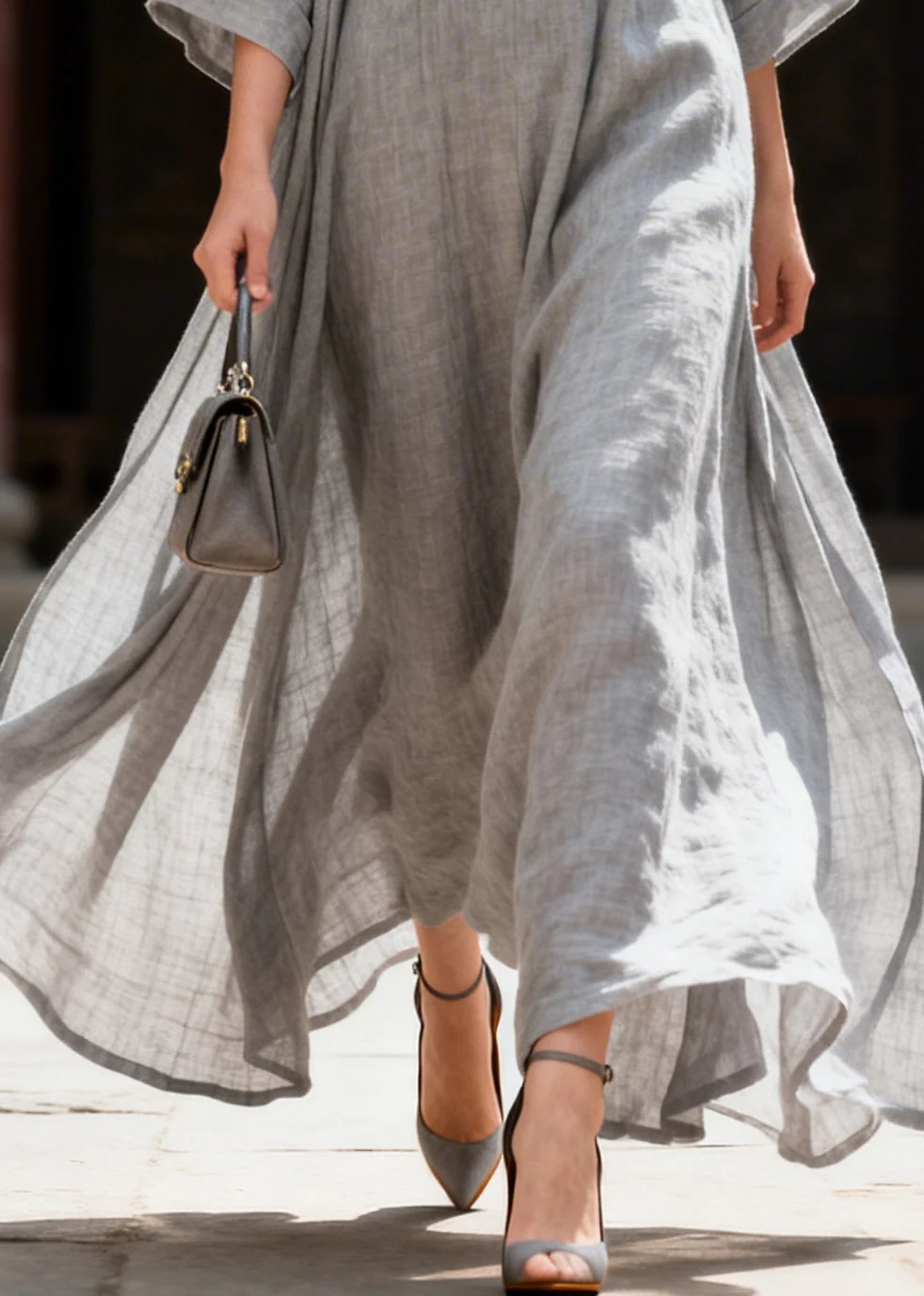 Women Grey Oversized Exra Large Hem Cotton Maxi Dresses Summer - Image 4